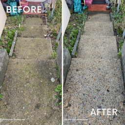 transformation of a concrete walkway in Portsmouth Before and after images showcasing the transformation of a concrete walkway in Portsmouth, highlighting improved aesthetics and condition.