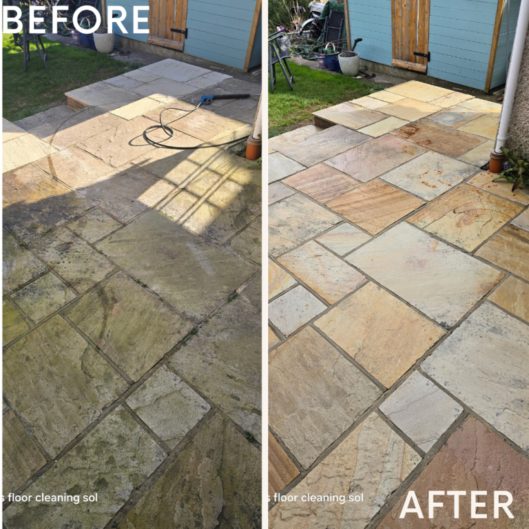 pressure washing in Portsmouth Patio stones before and after cleaning, showcasing a significant improvement in appearance.