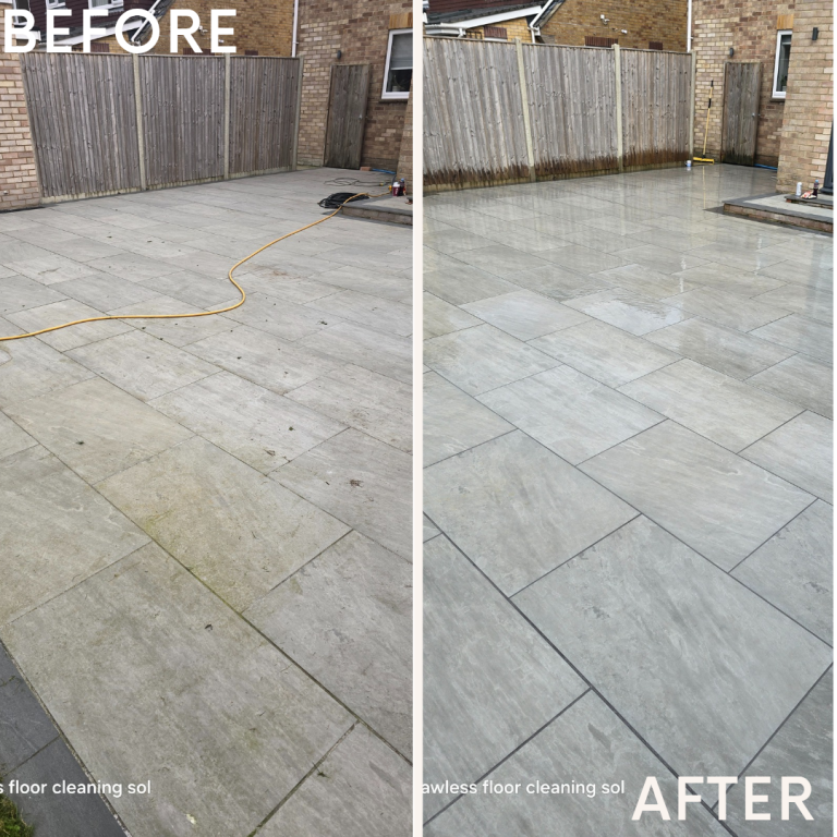 transformation of a concrete walkway in Portsmouth Side-by-side comparison of a patio before and after cleaning, showing significant improvement.
