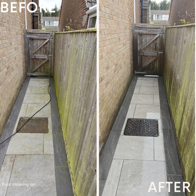 a concrete walkway in Portsmouth Narrow pathway alongside a brick wall, showing before and after cleaning results.