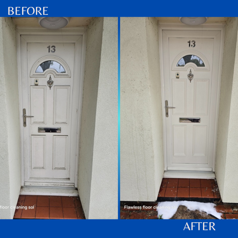 Wooden door makeover, showing the transformation from old to newly renovated style.
